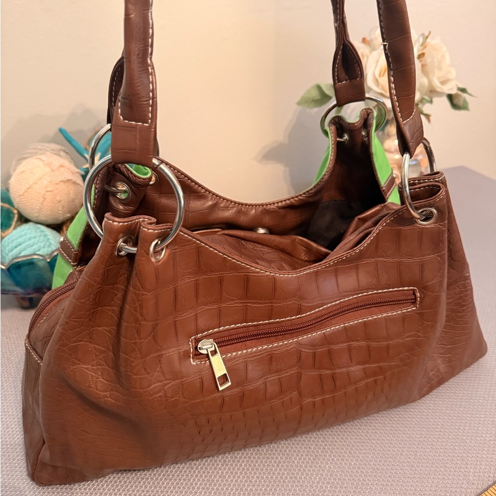 Fleur-De-Lis Brown & Lime Green Women's Handbag - Picture 6 of 12